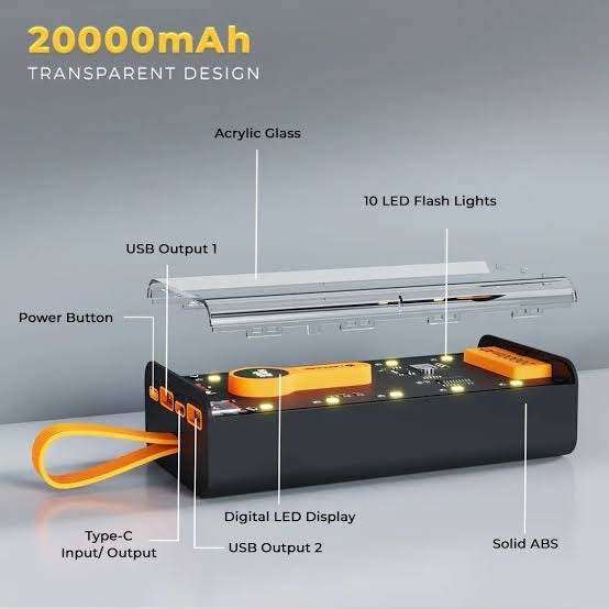 Transparent 10000mAh Power Bank 66W Fast Charging Portable Charger External Battery Pack Powerbank For iPhone Android and all Devices
