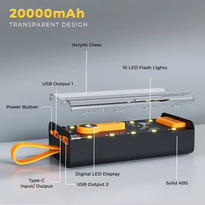 Transparent 10000mAh Power Bank 66W Fast Charging Portable Charger External Battery Pack Powerbank For iPhone Android and all Devices